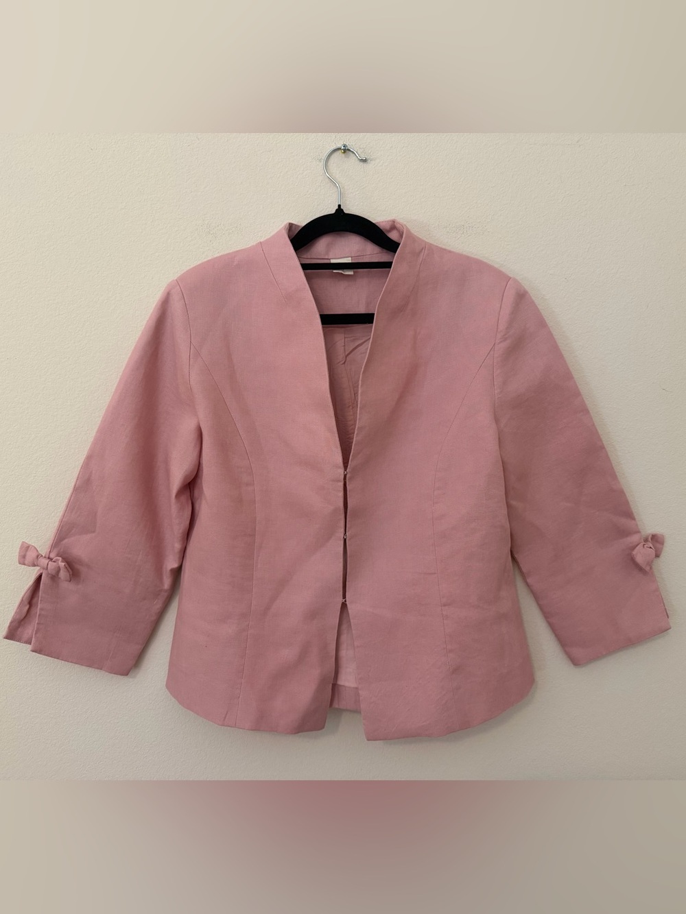 Lintico Light Pink Linen Jacket Bow Cuff Stand Collar Sz S Office Capsule Spring